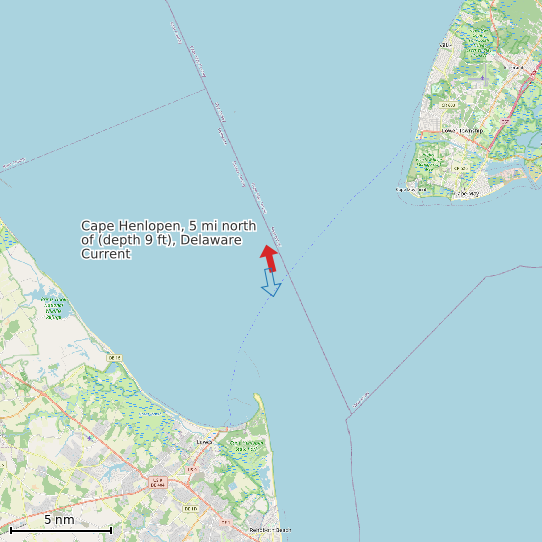 Map of Cape Henlopen, 5 mi north of (depth 9 ft), Delaware Current Prediction Station