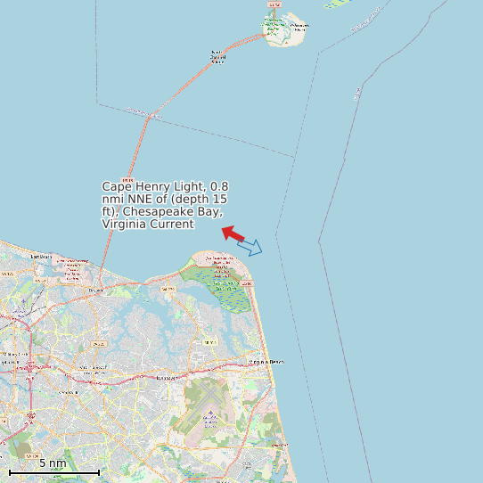 Map of Cape Henry Light, 0.8 nmi NNE of (depth 15 ft), Chesapeake Bay, Virginia Current Prediction Station