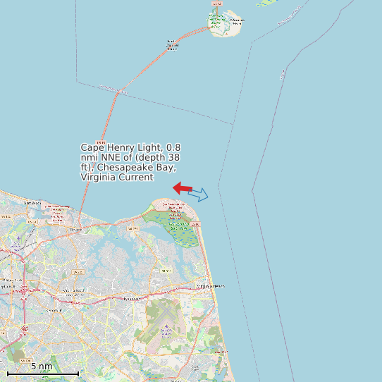 Map of Cape Henry Light, 0.8 nmi NNE of (depth 38 ft), Chesapeake Bay, Virginia Current Prediction Station