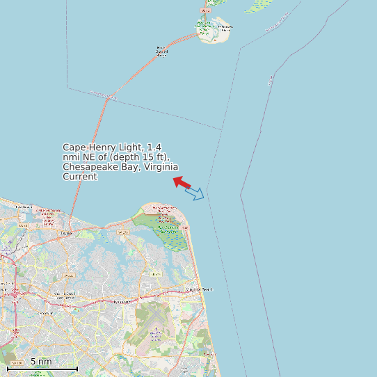 Map of Cape Henry Light, 1.4 nmi NE of (depth 15 ft), Chesapeake Bay, Virginia Current Prediction Station