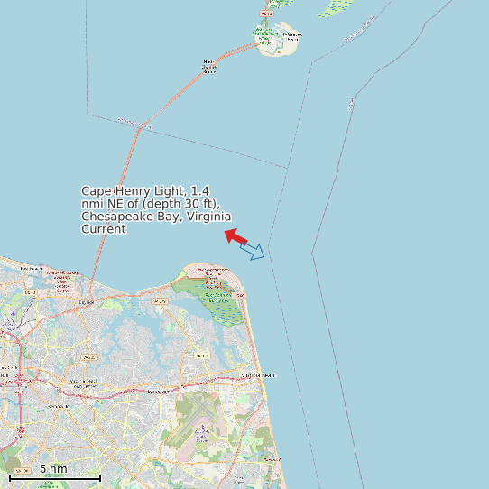 Map of Cape Henry Light, 1.4 nmi NE of (depth 30 ft), Chesapeake Bay, Virginia Current Prediction Station