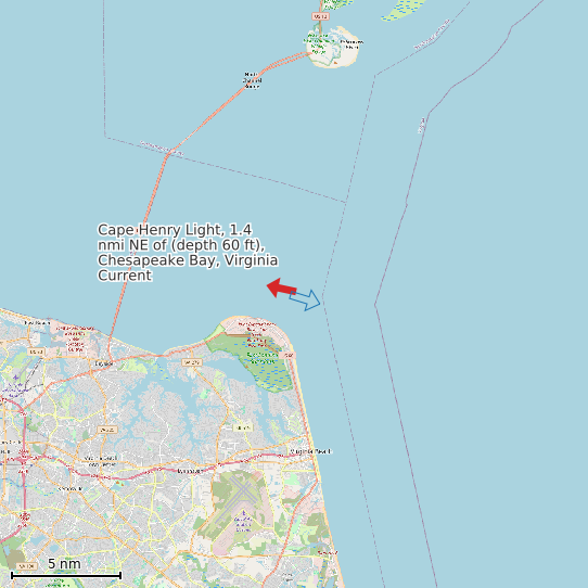 Map of Cape Henry Light, 1.4 nmi NE of (depth 60 ft), Chesapeake Bay, Virginia Current Prediction Station