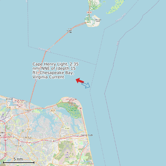 Map of Cape Henry Light, 2.35 nmi NNE of (depth 15 ft), Chesapeake Bay, Virginia Current Prediction Station