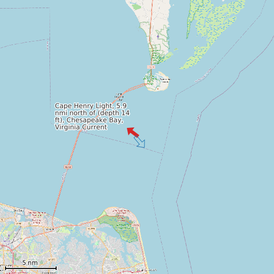Map of Cape Henry Light, 5.9 nmi north of (depth 14 ft), Chesapeake Bay, Virginia Current Prediction Station