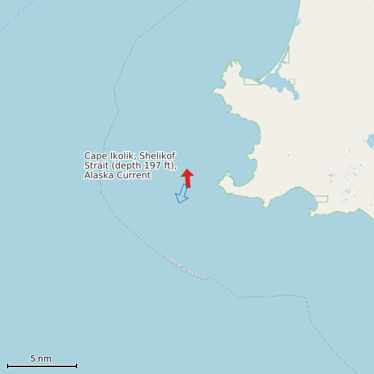Map of Cape Ikolik, Shelikof Strait (depth 197 ft), Alaska Current Prediction Station