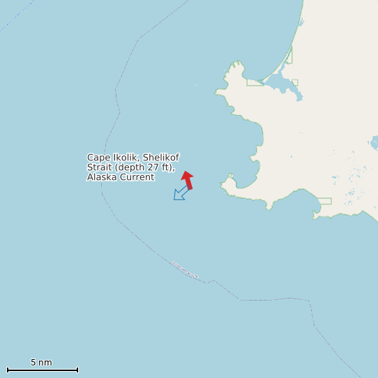 Map of Cape Ikolik, Shelikof Strait (depth 27 ft), Alaska Current Prediction Station