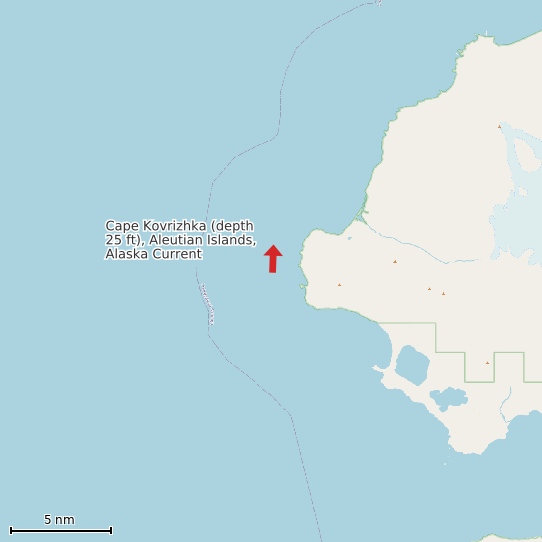 Map of Cape Kovrizhka (depth 25 ft), Aleutian Islands, Alaska Current Prediction Station