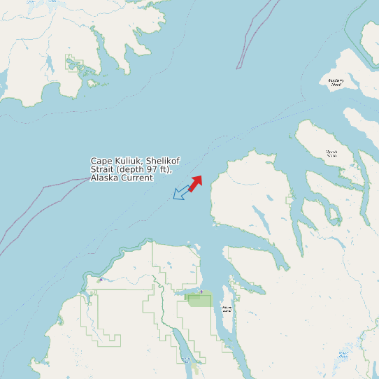Map of Cape Kuliuk, Shelikof Strait (depth 97 ft), Alaska Current Prediction Station