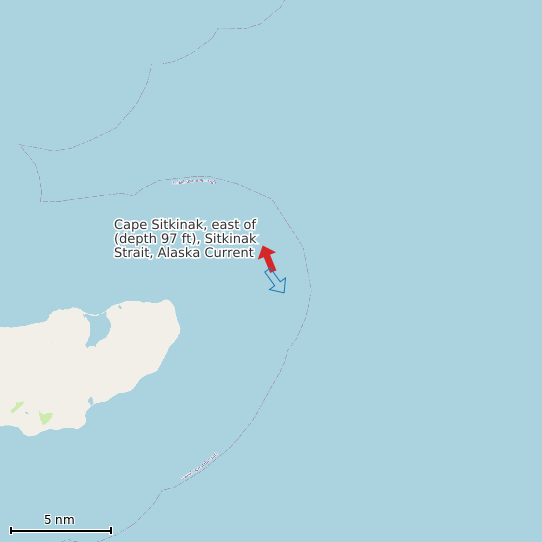 Map of Cape Sitkinak, east of (depth 97 ft), Sitkinak Strait, Alaska Current Prediction Station