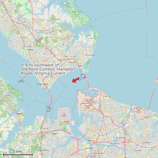 Map of 0.9 mi southwest of, Old Point Comfort, Hampton Roads, Virginia Current Prediction Station