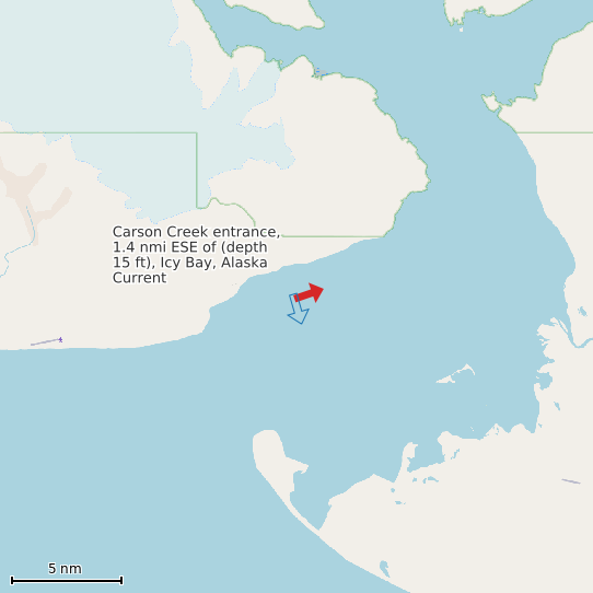 Map of Carson Creek entrance, 1.4 nmi ESE of (depth 15 ft), Icy Bay, Alaska Current - IGNORE VELOCITIES Prediction Station