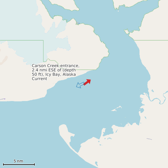 Map of Carson Creek entrance, 2.4 nmi ESE of (depth 50 ft), Icy Bay, Alaska Current Prediction Station