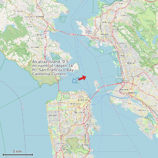 Map of Alcatraz Island, 0.5 mi north of (depth 74 ft), San Francisco Bay, California Current Prediction Station