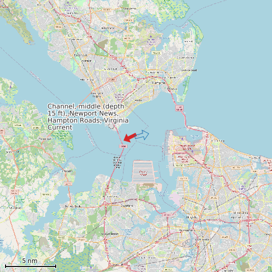 Map of Channel, middle (depth 15 ft), Newport News, Hampton Roads, Virginia Current Prediction Station