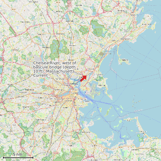 Map of Chelsea River, west of bascule bridge (depth 10 ft), Massachusetts Current Prediction Station