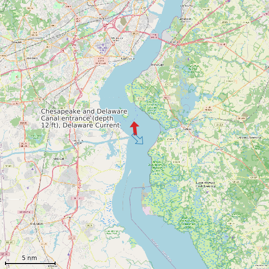 Map of Chesapeake and Delaware Canal entrance (depth 12 ft), Delaware Current Prediction Station