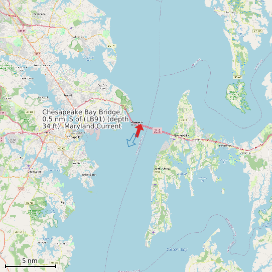 Map of Chesapeake Bay Bridge, 0.5 nmi S of (LB91) (depth 34 ft), Maryland Current Prediction Station
