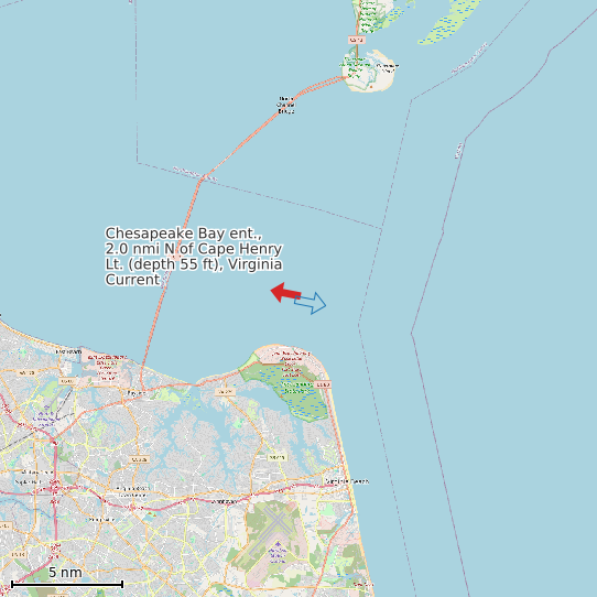 Map of Chesapeake Bay ent., 2.0 nmi N of Cape Henry Lt. (depth 55 ft), Virginia Current Prediction Station