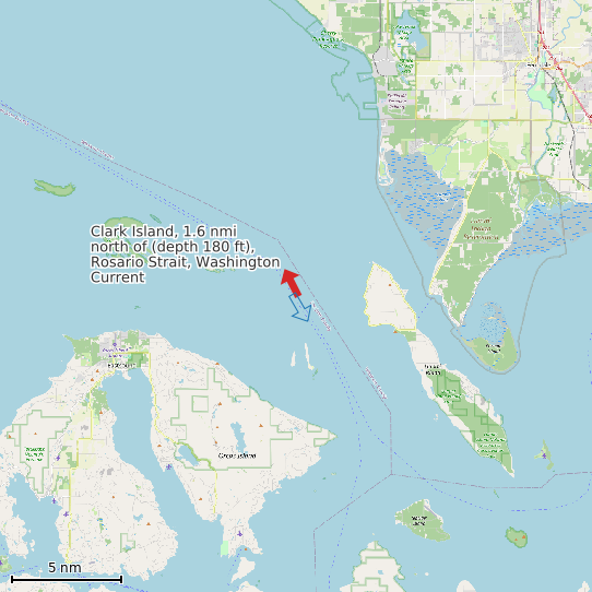 Map of Clark Island, 1.6 nmi north of (depth 180 ft), Rosario Strait, Washington Current Prediction Station