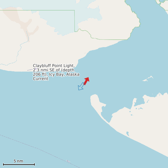 Map of Claybluff Point Light, 2.3 nmi SE of (depth 206 ft), Icy Bay, Alaska Current Prediction Station