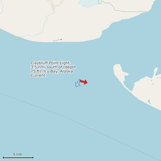 Map of Claybluff Point Light, 3.5 nmi south of (depth 75 ft), Icy Bay, Alaska Current Prediction Station