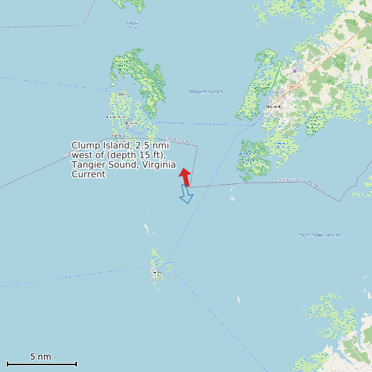 Map of Clump Island, 2.5 nmi west of (depth 15 ft), Tangier Sound, Virginia Current Prediction Station