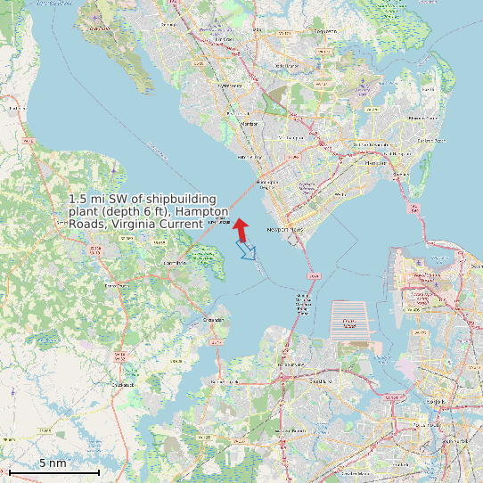Map of 1.5 mi SW of shipbuilding plant (depth 6 ft), Hampton Roads, Virginia Current Prediction Station