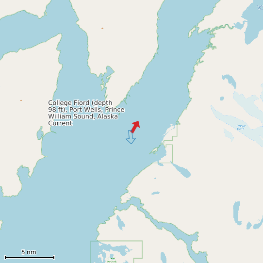 Map of College Fiord (depth 98 ft), Port Wells, Prince William Sound, Alaska Current Prediction Station
