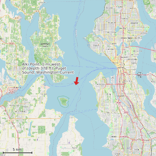 Map of Alki Point, 1 mi west of (depth 378 ft), Puget Sound, Washington Current Prediction Station