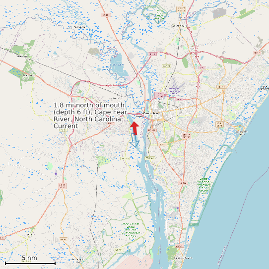 Map of 1.8 mi north of mouth (depth 6 ft), Cape Fear River, North Carolina Current Prediction Station