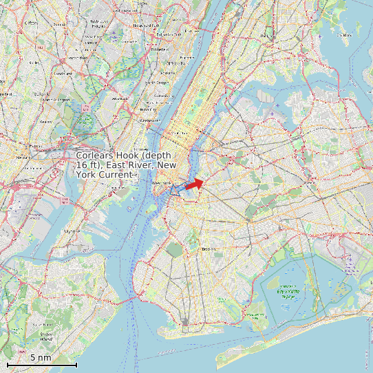 Map of Corlears Hook (depth 16 ft), East River, New York Current Prediction Station