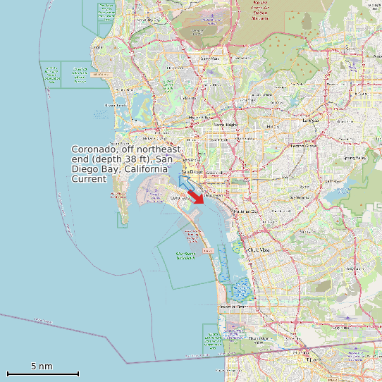 Map of Coronado, off northeast end (depth 38 ft), San Diego Bay, California Current Prediction Station