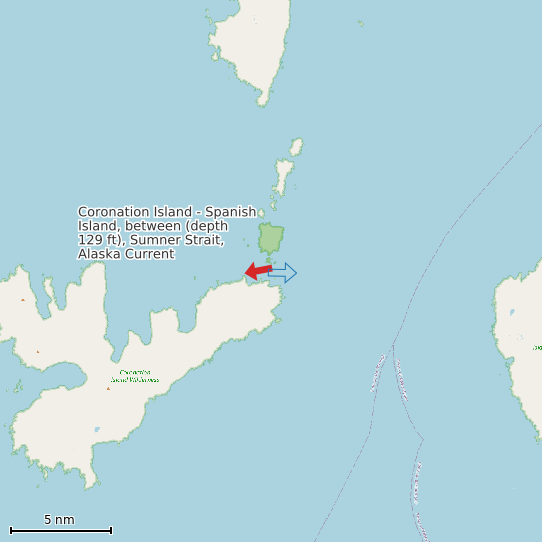 Map of Coronation Island - Spanish Island, between (depth 129 ft), Sumner Strait, Alaska Current Prediction Station
