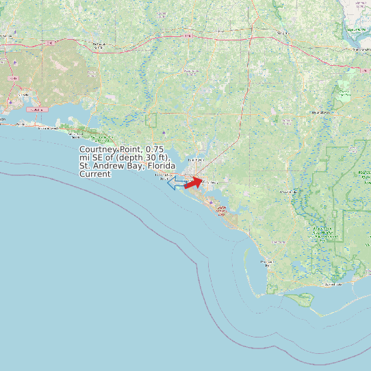 Map of Courtney Point, 0.75 mi SE of (depth 30 ft), St. Andrew Bay, Florida Current Prediction Station