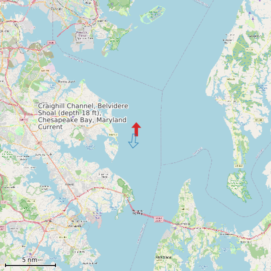 Map of Craighill Channel, Belvidere Shoal (depth 18 ft), Chesapeake Bay, Maryland Current Prediction Station