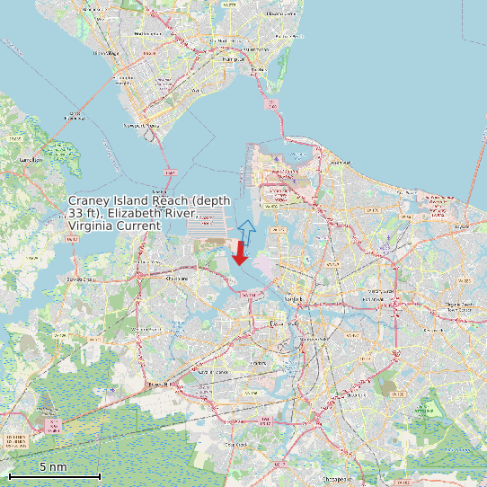 Map of Craney Island Reach (depth 33 ft), Elizabeth River, Virginia Current Prediction Station