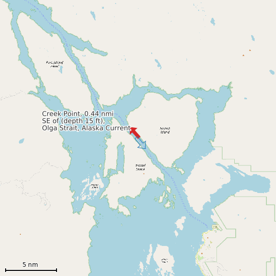 Map of Creek Point, 0.44 nmi SE of (depth 15 ft), Olga Strait, Alaska Current Prediction Station