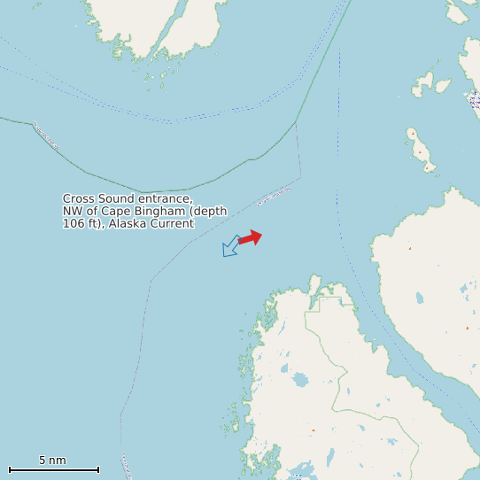 Map of Cross Sound entrance, NW of Cape Bingham (depth 106 ft), Alaska Current Prediction Station