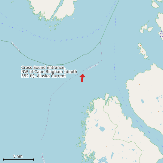 Map of Cross Sound entrance, NW of Cape Bingham (depth 552 ft), Alaska Current Prediction Station
