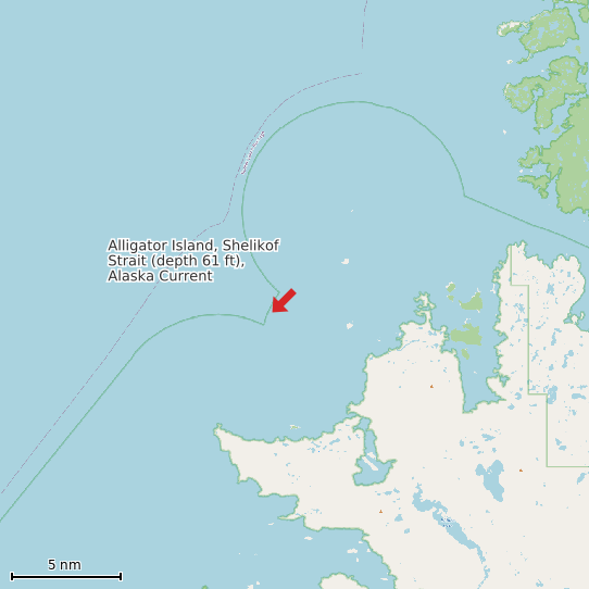 Map of Alligator Island, Shelikof Strait (depth 61 ft), Alaska Current Prediction Station