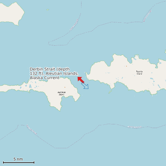 Map of Derbin Strait (depth 132 ft), Aleutian Islands, Alaska Current Prediction Station
