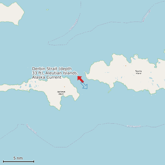 Map of Derbin Strait (depth 33 ft), Aleutian Islands, Alaska Current Prediction Station