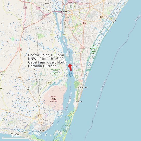 Map of Doctor Point, 0.6 nmi NNW of (depth 16 ft), Cape Fear River, North Carolina Current Prediction Station