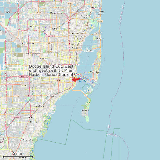 Map of Dodge Island Cut, west end (depth 28 ft), Miami Harbor, Florida Current Prediction Station