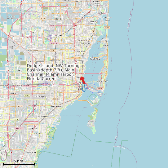 Map of Dodge Island, NW Turning Basin (depth 7 ft), Main Channel, Miami Harbor, Florida Current Prediction Station