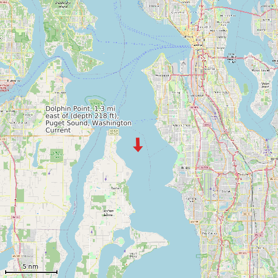 Map of Dolphin Point, 1.3 mi east of (depth 218 ft), Puget Sound, Washington Current Prediction Station