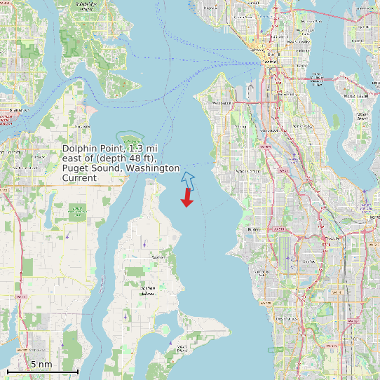 Map of Dolphin Point, 1.3 mi east of (depth 48 ft), Puget Sound, Washington Current Prediction Station