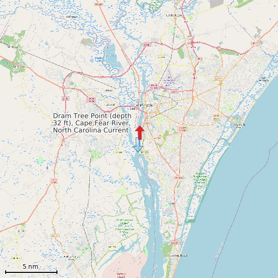 Map of Dram Tree Point (depth 32 ft), Cape Fear River, North Carolina Current Prediction Station