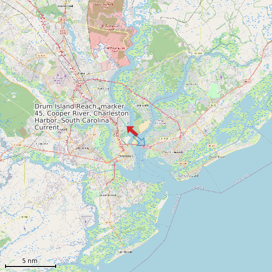 Map of Drum Island Reach, marker 45, Cooper River, Charleston Harbor, South Carolina Current Prediction Station
