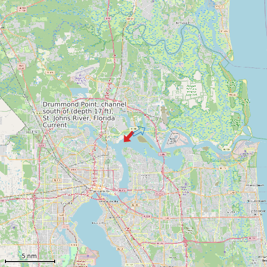 Map of Drummond Point, channel south of (depth 17 ft), St. Johns River, Florida Current Prediction Station